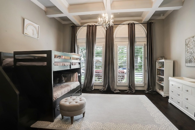 6206 Terwilliger Way, Houston, TX 77057 - bedroom featuring coffered ceiling, a chandelier, beam ceiling, and dark wood finished floors