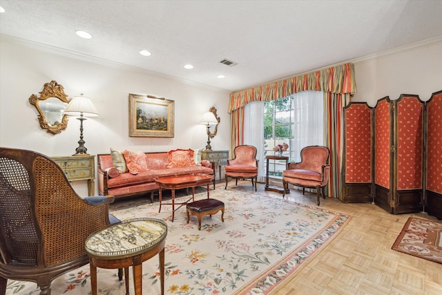 495 N Post Oak Ln, Houston, TX 77024 - living area featuring ornamental molding, recessed lighting, and a textured ceiling