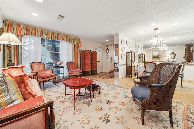 495 N Post Oak Ln, Houston, TX 77024 - living room with crown molding, a chandelier, recessed lighting, and baseboards
