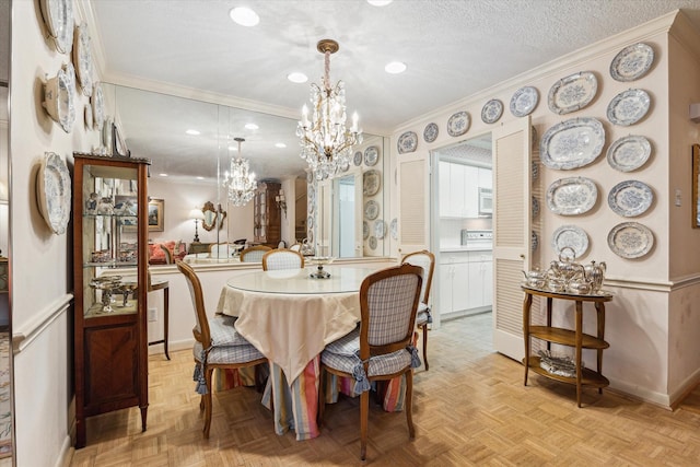 495 N Post Oak Ln, Houston, TX 77024 - dining room with a chandelier, crown molding, baseboards, and recessed lighting