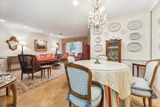 495 N Post Oak Ln, Houston, TX 77024 - dining area featuring crown molding, a chandelier, and recessed lighting