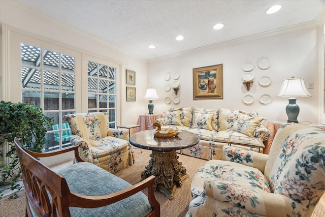 495 N Post Oak Ln, Houston, TX 77024 - living area with a textured ceiling, recessed lighting, crown molding, and carpet floors