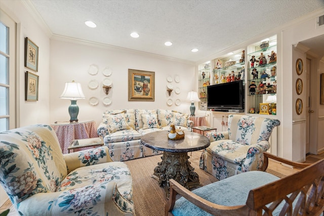 495 N Post Oak Ln, Houston, TX 77024 - living room featuring a textured ceiling, ornamental molding, and recessed lighting