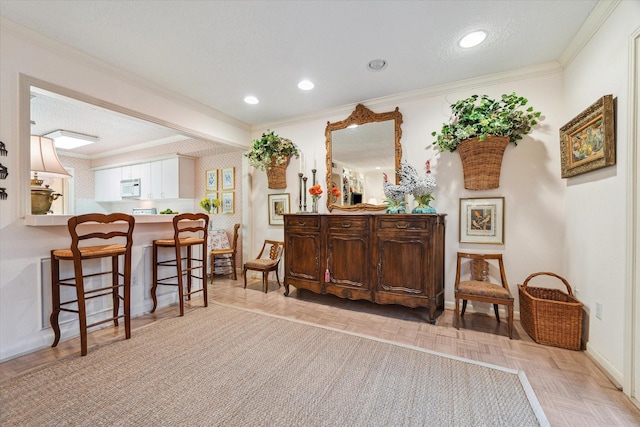 495 N Post Oak Ln, Houston, TX 77024 - bar with white microwave, crown molding, baseboards, and recessed lighting