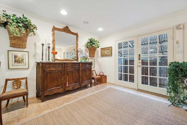 495 N Post Oak Ln, Houston, TX 77024 - living area with baseboards, french doors, ornamental molding, and recessed lighting
