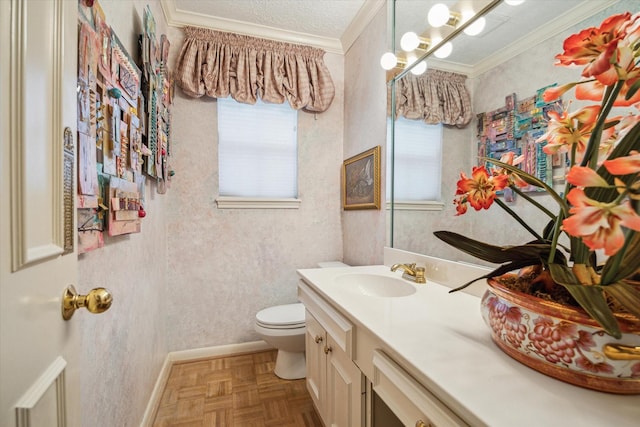 495 N Post Oak Ln, Houston, TX 77024 - half bath featuring ornamental molding, healthy amount of natural light, toilet, vanity, and baseboards