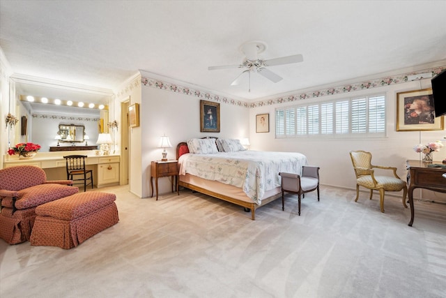 495 N Post Oak Ln, Houston, TX 77024 - bedroom with light colored carpet, crown molding, a ceiling fan, and ensuite bathroom