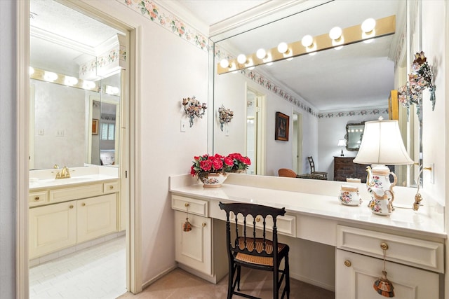 495 N Post Oak Ln, Houston, TX 77024 - bathroom featuring ornamental molding, vanity, tile patterned floors, and baseboards