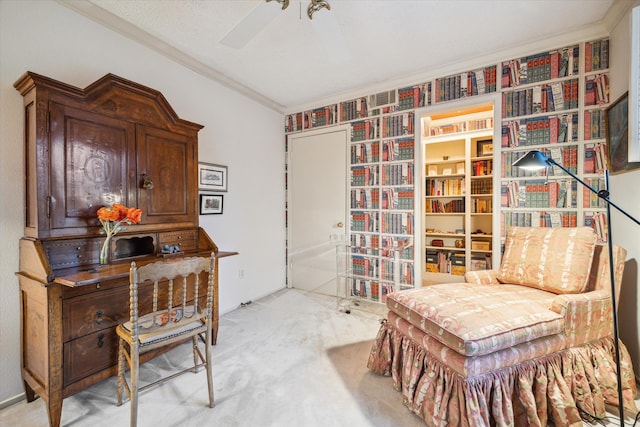 495 N Post Oak Ln, Houston, TX 77024 - sitting room featuring crown molding, light colored carpet, and ceiling fan