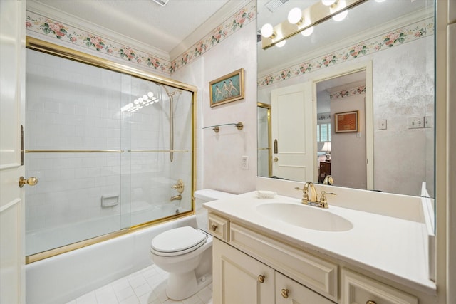 495 N Post Oak Ln, Houston, TX 77024 - bathroom featuring toilet, ornamental molding, enclosed tub / shower combo, vanity, and tile patterned floors