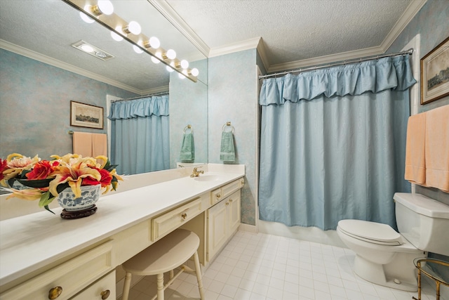 495 N Post Oak Ln, Houston, TX 77024 - full bath with a textured ceiling, toilet, vanity, ornamental molding, and shower / bath combination with curtain