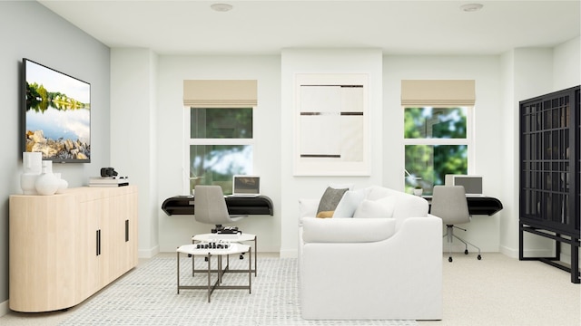 499 Shoreview Dr, Conroe, TX 77303 - living room with baseboards, light colored carpet, and an office area
