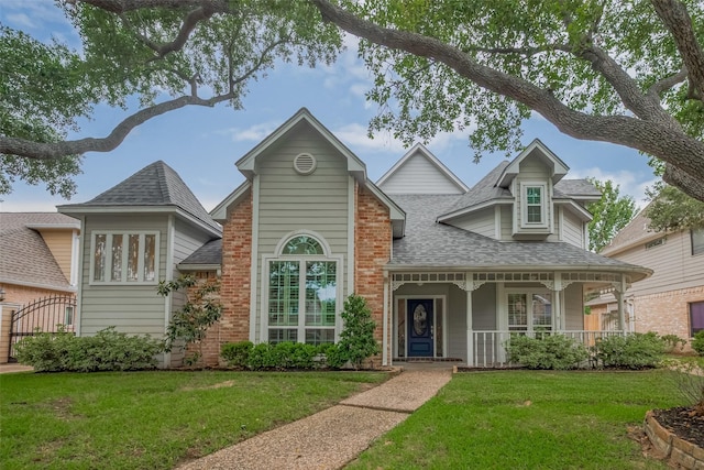 12438 Piping Rock Dr, Houston, TX 77077 - view of front of house featuring roof with shingles, a front yard, a porch, and brick siding