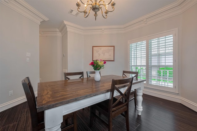 12438 Piping Rock Dr, Houston, TX 77077 - dining space with a chandelier, crown molding, dark wood-style flooring, and baseboards