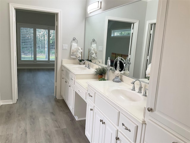 bathroom with wood finished floors, plenty of natural light, and double vanity