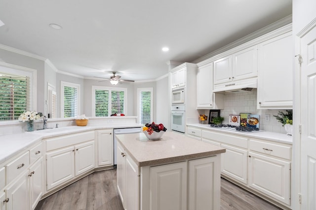 25818 Overlake Dr, Spring, TX 77380 - kitchen featuring white appliances, under cabinet range hood, crown molding, light wood finished floors, and plenty of natural light