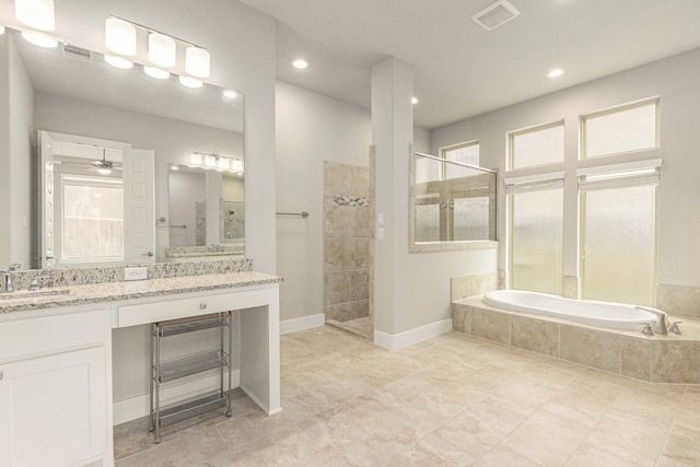 28622 Mountain Timber Ct, Fulshear, TX 77441 - bathroom with walk in shower, a bath, vanity, a ceiling fan, and recessed lighting