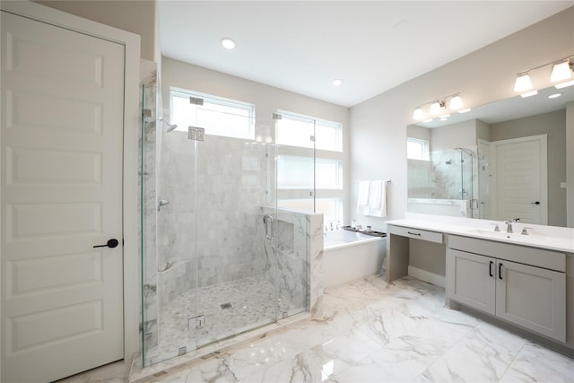 413 Stratus View Ct, Katy, TX 77493 - full bathroom with a bathtub, a stall shower, vanity, marble finish floors, and recessed lighting