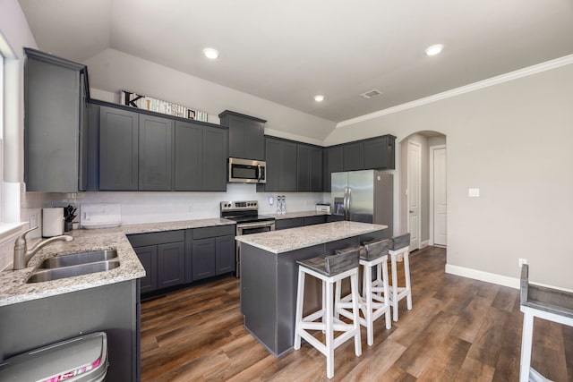 26579 Pin Oak Dr, Hempstead, TX 77445 - kitchen with stainless steel appliances, a sink, arched walkways, a kitchen island, and light stone counters