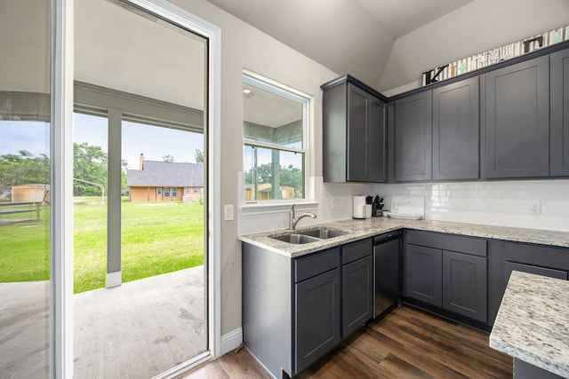 26579 Pin Oak Dr, Hempstead, TX 77445 - kitchen with a sink, dark wood-type flooring, dishwasher, decorative backsplash, and lofted ceiling