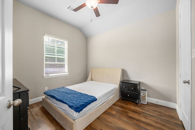 26579 Pin Oak Dr, Hempstead, TX 77445 - bedroom with baseboards, wood finished floors, vaulted ceiling, and ceiling fan