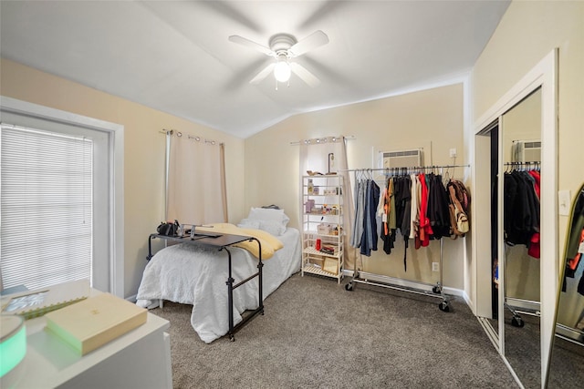 7477 Hidden Acres Dr, Cleveland, TX 77328 - bedroom with carpet floors, vaulted ceiling, a closet, and ceiling fan