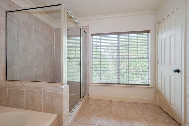 3614 Bee Bayou Ln, Sugar Land, TX 77479 - bathroom with a stall shower, ornamental molding, a bath, and tile patterned flooring