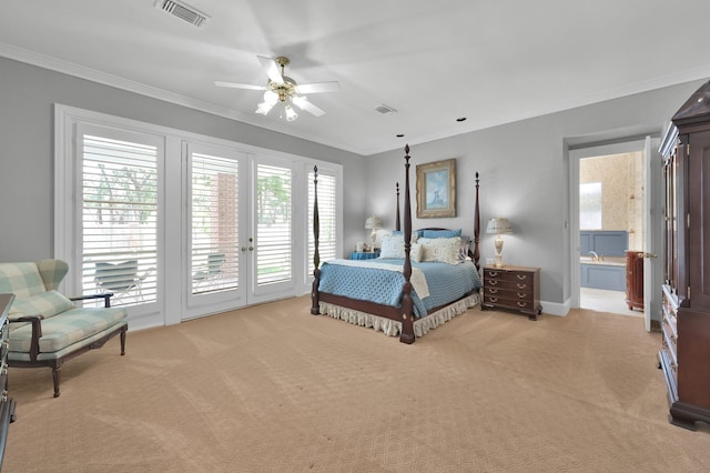11774 Quail Creek Dr, Houston, TX 77070 - bedroom featuring access to outside, light carpet, crown molding, ensuite bathroom, and baseboards