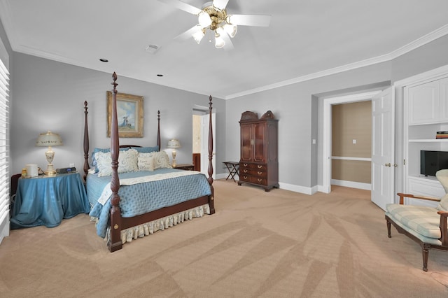 11774 Quail Creek Dr, Houston, TX 77070 - bedroom featuring light colored carpet, ornamental molding, baseboards, and a ceiling fan