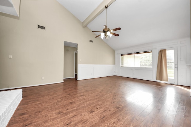 1115 Vang Ct, Crosby, TX 77532 - unfurnished living room with high vaulted ceiling, ceiling fan, beamed ceiling, dark wood finished floors, and wainscoting