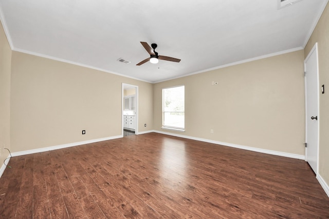1115 Vang Ct, Crosby, TX 77532 - unfurnished room featuring ceiling fan, dark wood finished floors, ornamental molding, and baseboards