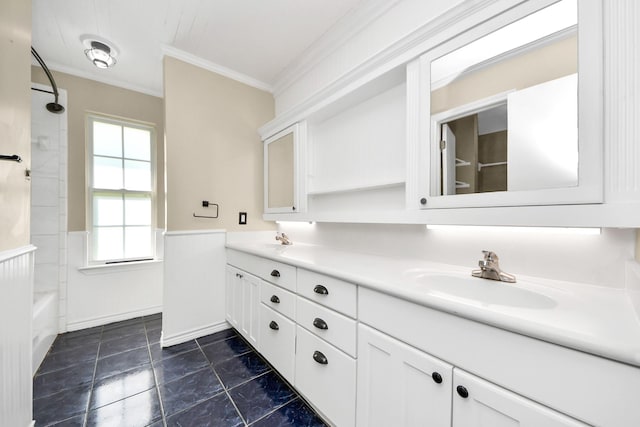 1115 Vang Ct, Crosby, TX 77532 - full bath featuring crown molding, wainscoting, double vanity, shower / bathtub combination, and tile patterned floors