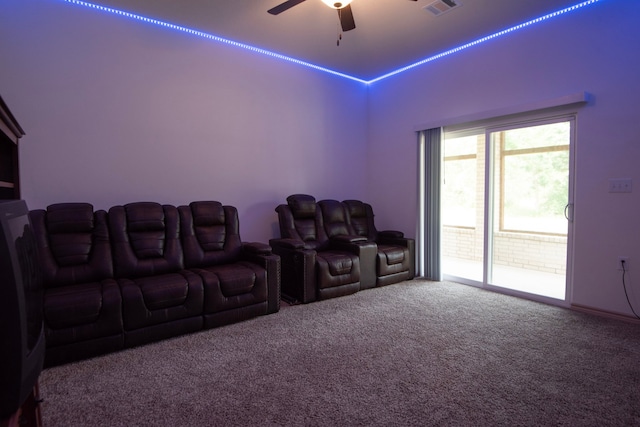 2755 Overlook Rd, Caldwell, TX 77836 - cinema room with carpet, ceiling fan, and lofted ceiling