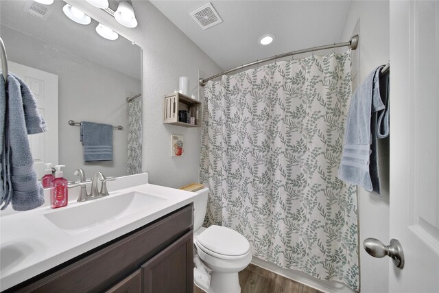 922 Golden Willow Ln, Conroe, TX 77304 - bathroom with wood finished floors, toilet, vanity, and a shower with curtain