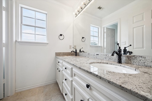 3007 Sackett St, Houston, TX 77098 - bathroom with crown molding, double vanity, and baseboards