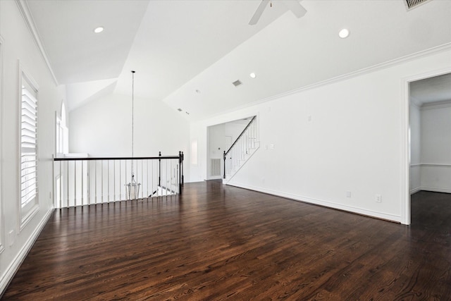 3007 Sackett St, Houston, TX 77098 - unfurnished room with a ceiling fan, wood finished floors, baseboards, lofted ceiling, and ornamental molding