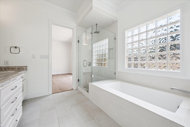 3007 Sackett St, Houston, TX 77098 - bathroom featuring crown molding, a stall shower, vanity, and a bath