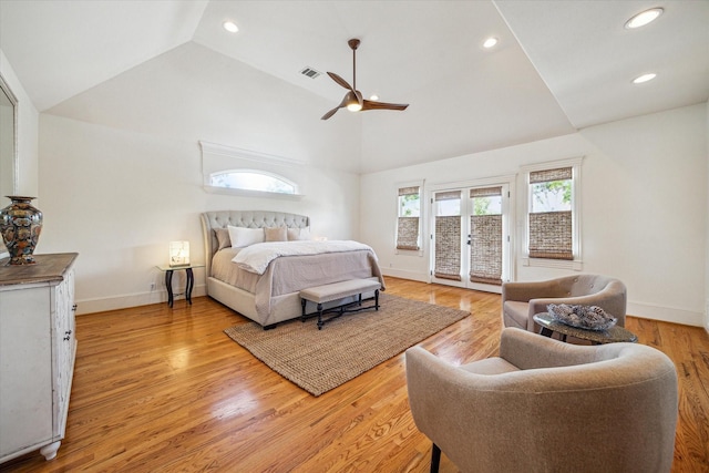 1010 Cortlandt St, Houston, TX 77008 - bedroom featuring access to exterior, vaulted ceiling, baseboards, recessed lighting, and light wood-type flooring