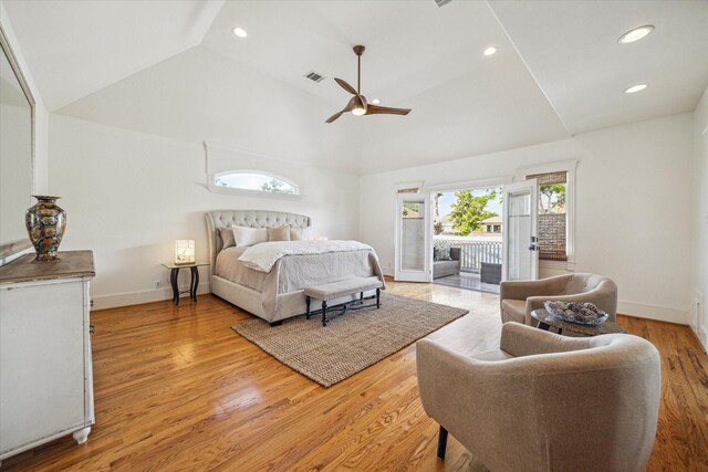 1010 Cortlandt St, Houston, TX 77008 - bedroom with access to outside, baseboards, lofted ceiling, recessed lighting, and light wood finished floors