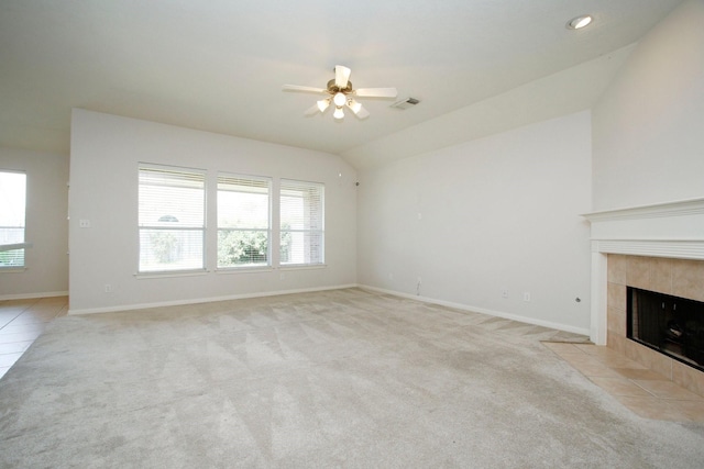 2414 Hannover Valley Ct, Spring, TX 77388 - unfurnished living room with light colored carpet, ceiling fan, a fireplace, baseboards, and recessed lighting