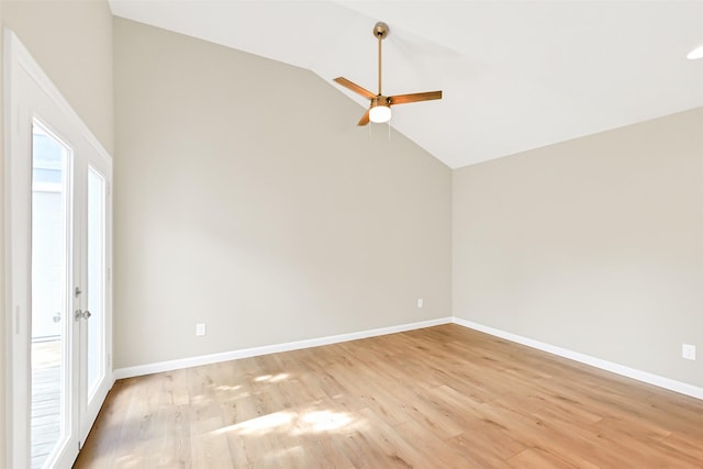 6334 Cambridge Glen Ln, Houston, TX 77035 - empty room with lofted ceiling, a ceiling fan, light wood-style floors, and baseboards