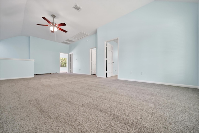 16655 Millridge Ln, Houston, TX 77095 - unfurnished living room featuring a ceiling fan, carpet, baseboards, and high vaulted ceiling