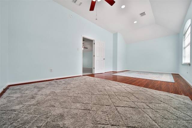 16655 Millridge Ln, Houston, TX 77095 - spare room featuring a ceiling fan, wood finished floors, lofted ceiling, baseboards, and recessed lighting