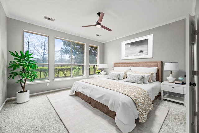 3427 Powell Way, Missouri City, TX 77459 - bedroom with multiple windows, carpet floors, ornamental molding, and a ceiling fan