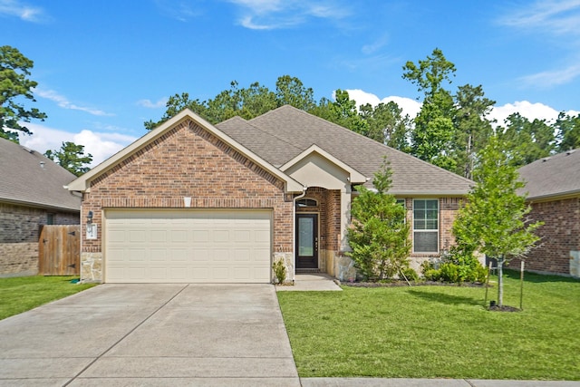 22078 Sun Haven Ln, Porter, TX 77365 - view of front facade featuring a garage, brick siding, concrete driveway, a shingled roof, and stone siding