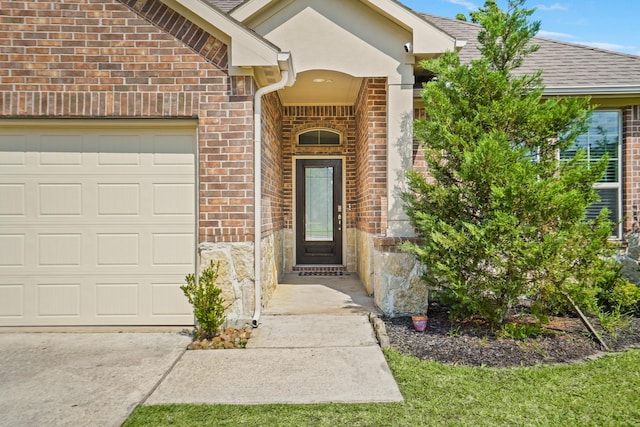 22078 Sun Haven Ln, Porter, TX 77365 - property entrance featuring brick siding, an attached garage, and roof with shingles