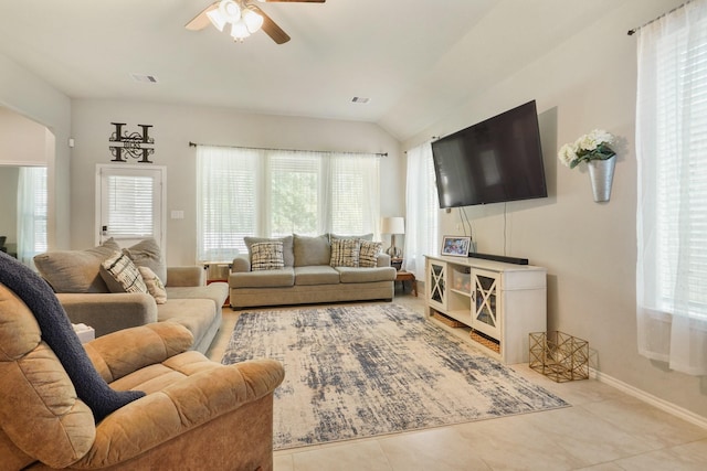 22078 Sun Haven Ln, Porter, TX 77365 - living area with ceiling fan, healthy amount of natural light, tile patterned floors, and vaulted ceiling