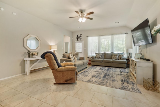 22078 Sun Haven Ln, Porter, TX 77365 - living room with a ceiling fan, light tile patterned floors, lofted ceiling, and baseboards