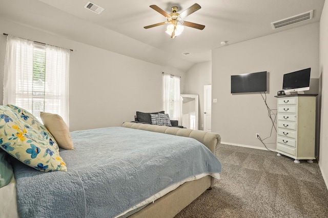 22078 Sun Haven Ln, Porter, TX 77365 - bedroom with carpet flooring, multiple windows, baseboards, lofted ceiling, and ceiling fan