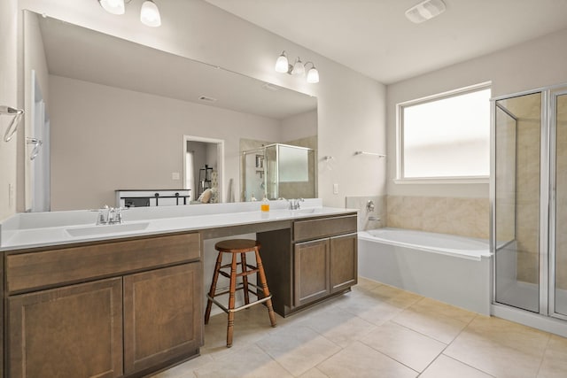 22078 Sun Haven Ln, Porter, TX 77365 - bathroom featuring a shower stall, tile patterned floors, double vanity, and a garden tub